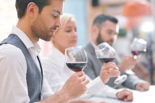 Junger eleganter Weingutexperte oder Winzer, der Rotwein im Glas betrachtet, während er seine Farbe und seinen Geruch bewertet