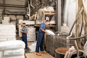 Uno de los jóvenes trabajadores de una gran fábrica moderna que dispersa granos de polímero en un enorme contenedor antes del proceso de trabajo