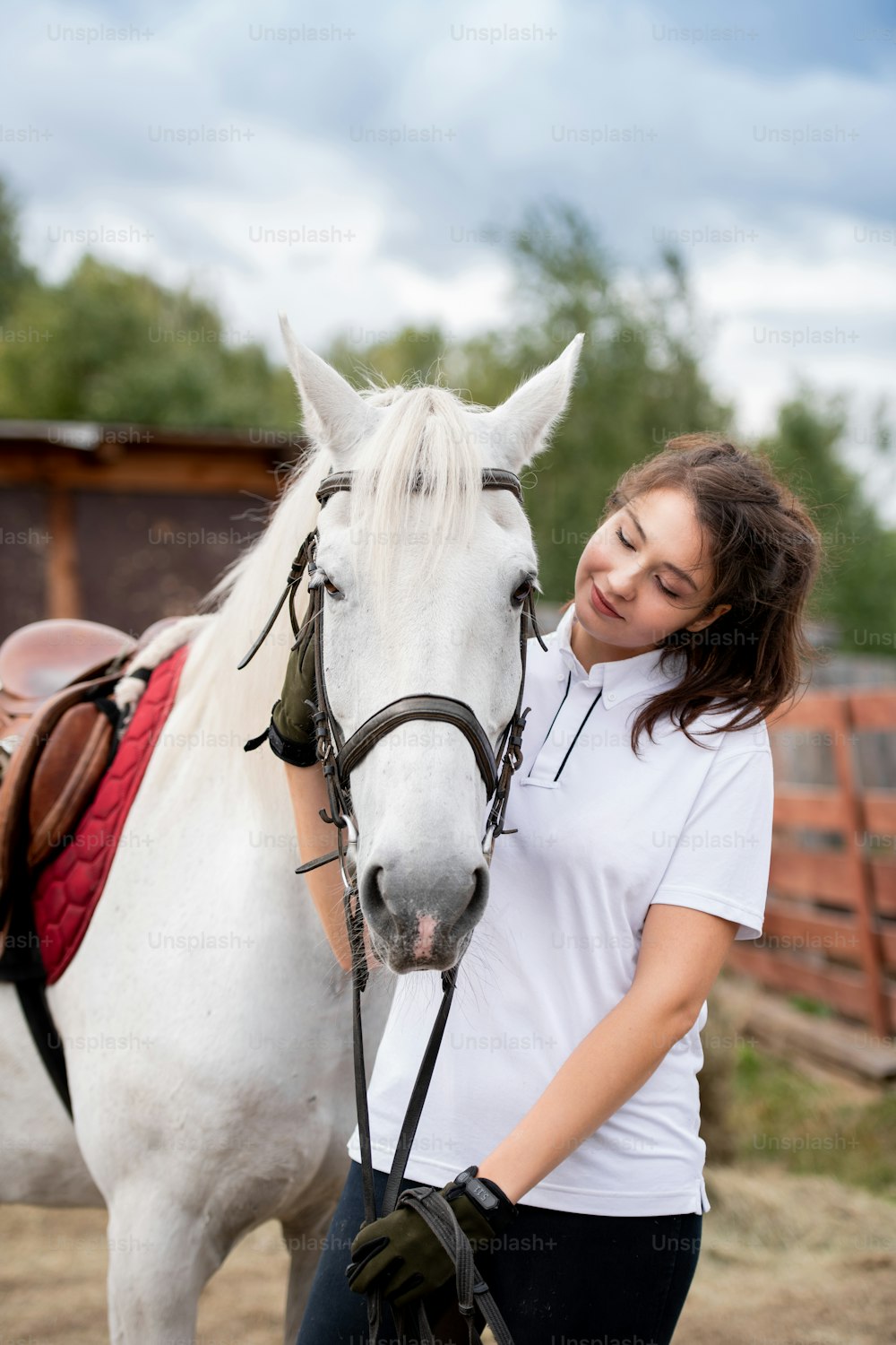 Mulher nova abraçando cavalo de corrida branco e olhando para ela enquanto relaxa no ambiente rural