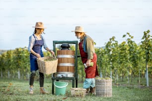 Homme âgé et jeune femme en vignerons pressant les raisins avec une machine à presser sur le vignoble, obtenir du jus frais pour la production de vin