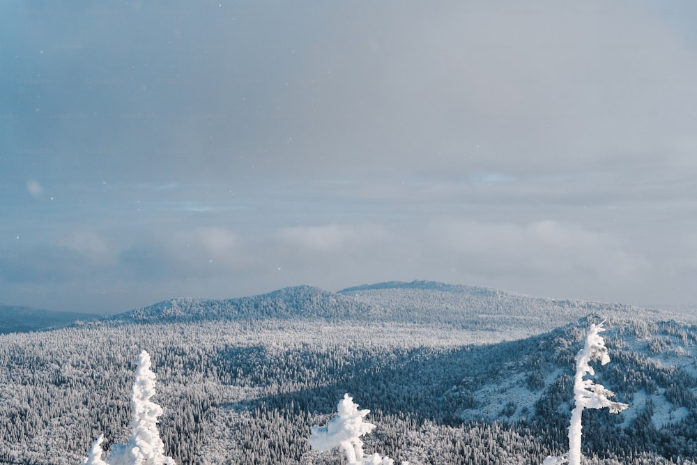 푸른 하늘을 배경으로 눈과 구름으로 덮인 Taganay 산 사슬의 겨울 풍경