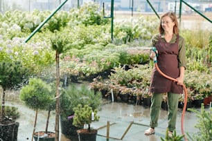 안경과 작업복을 입은 행복한 성숙한 여성 정원사는 다양한 묘목에 기대어 서 있는 동안 온실에서 녹색 식물에 물을 주고 있습니다.