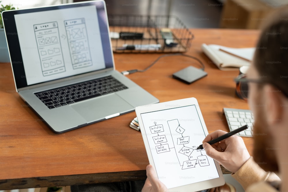 Vue par-dessus l’épaule de l’homme à l’aide d’une tablette numérique et d’un stylet et schéma de dessin pour la conception de l’interface utilisateur