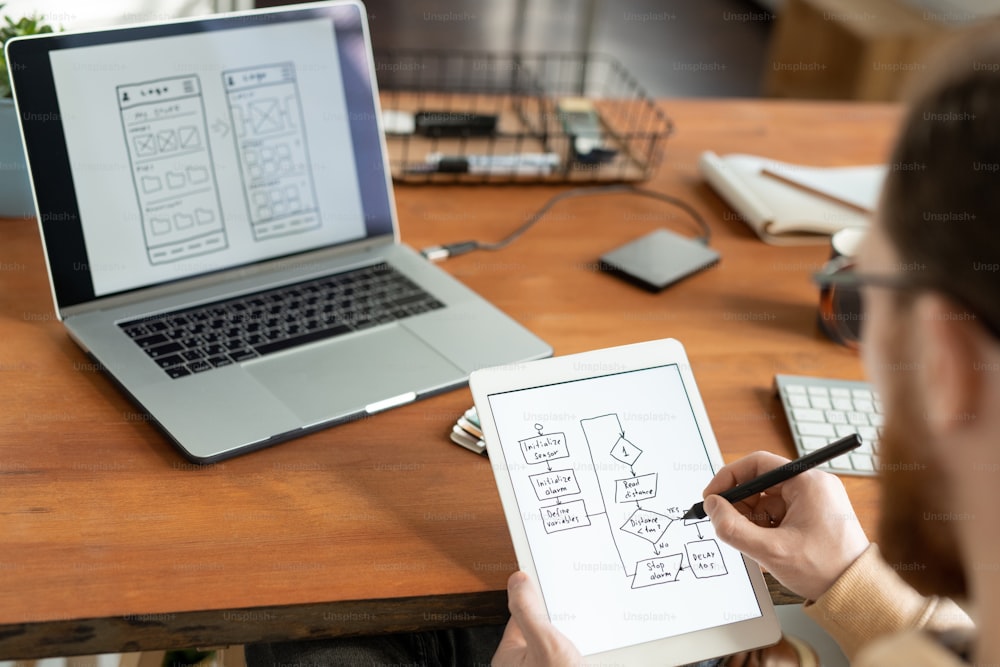 Vista sopra la spalla dell'uomo che utilizza la tavoletta digitale e lo stilo e lo schema di disegno per la progettazione dell'interfaccia utente