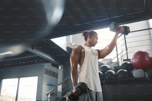 Homem em halteres treino. Desportista asiático sexy com corpo forte, saudável e musculoso usando equipamentos de fitness pesados para treinamento de bíceps na academia. Musculação como estilo de vida.