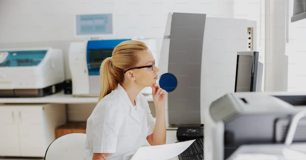 Lab Intake Associate Young blond attractive female lab assistant in sterile white uniform ...