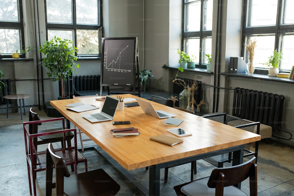 Large table with group of chairs around inside contemporary office