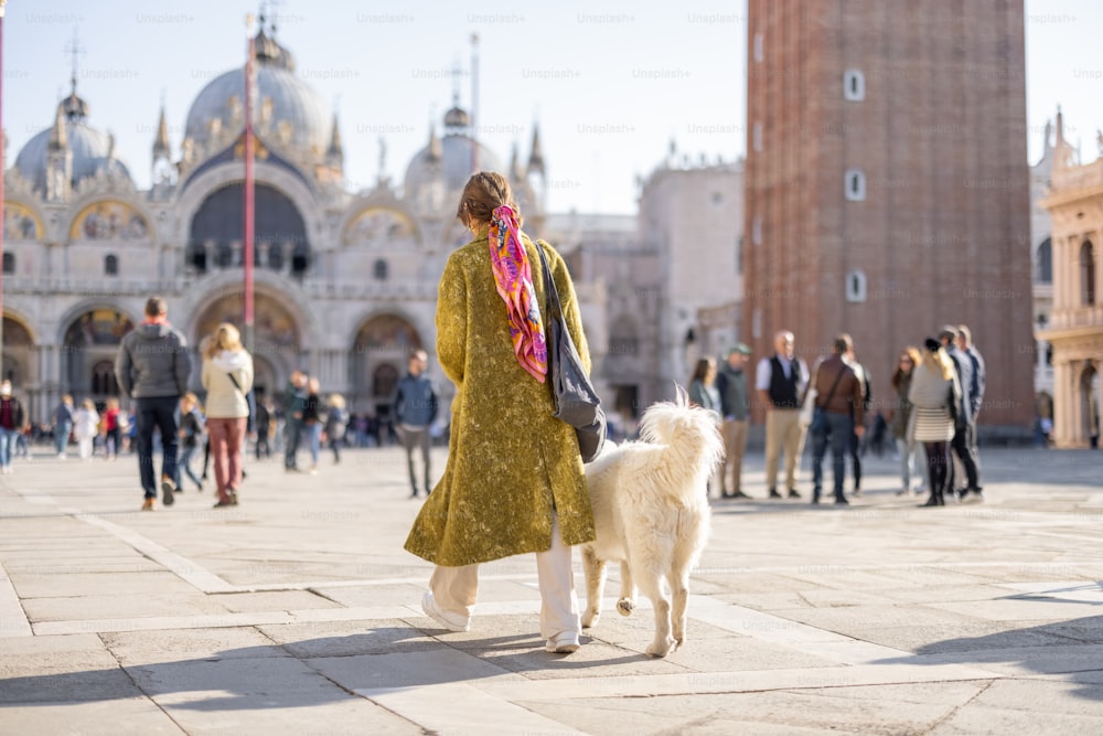 Woman walking with dog on the famous saint Mark square in Venice. Concept of vacations in Italy. Idea of Italian style and lifestyle