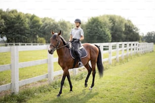 Female horseman riding brown Thoroughbred horse on green meadow in countryside. Concept of rural resting and leisure. Green tourism. Young smiling european woman. Beautiful landscape at sunny day