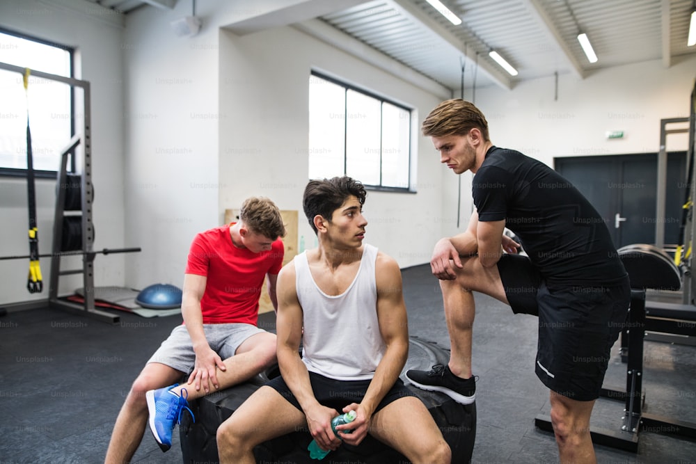 Three young fit men in gym resting after an exercise, talking.