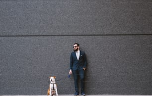 Businessman walking dog at street. Best friends walking. Handsome businessman hipster walking dog.