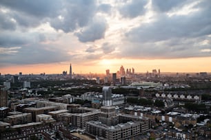A sunset over a London skyline panorama.