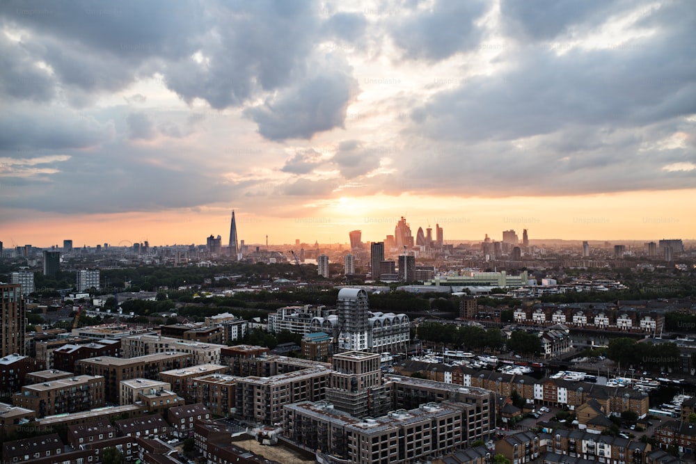 A sunset over a London skyline panorama.