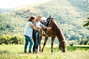 A happy senior couple holding a horse grazing on a pasture.