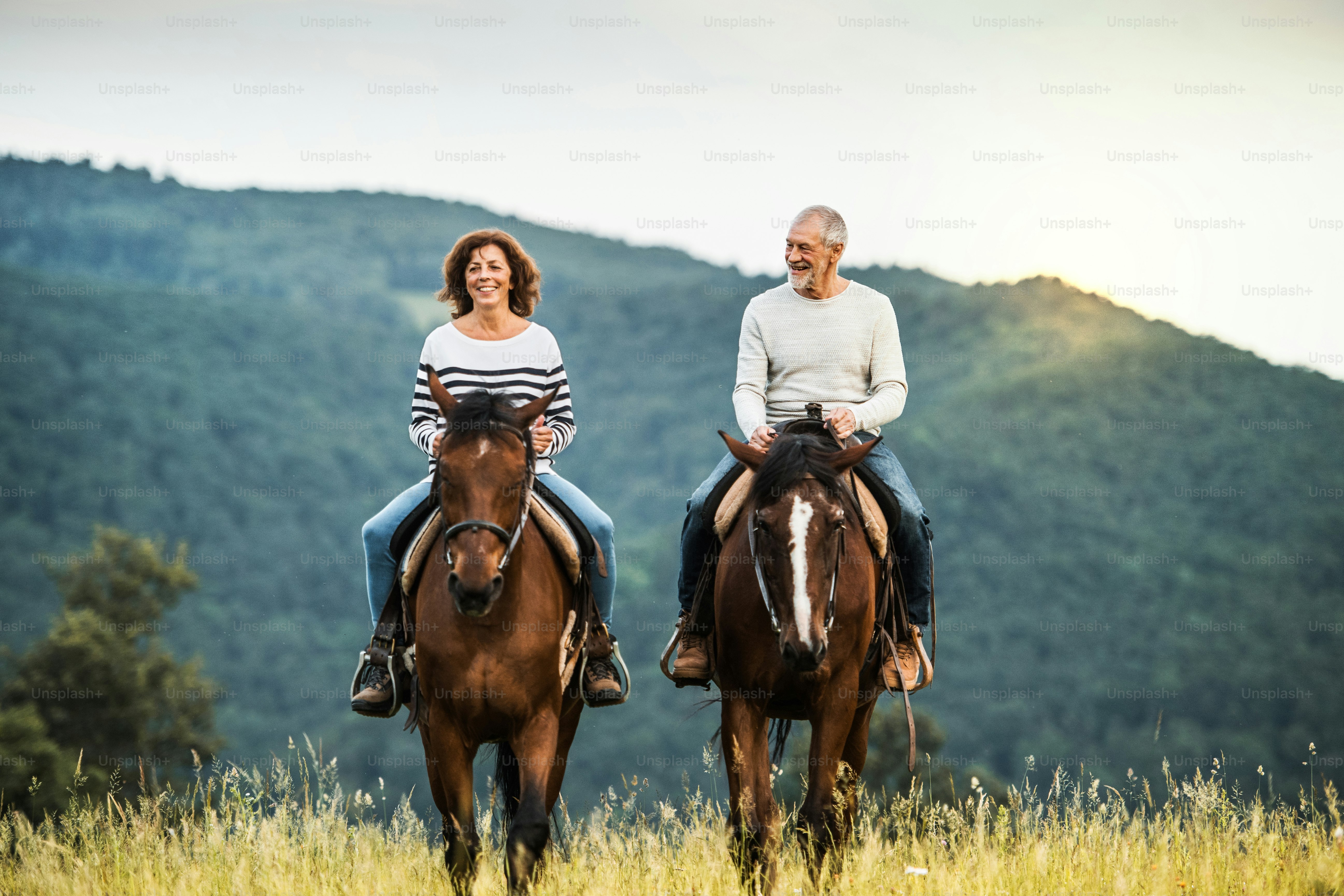 Una feliz pareja de ancianos montando a caballo en un prado en la naturaleza.