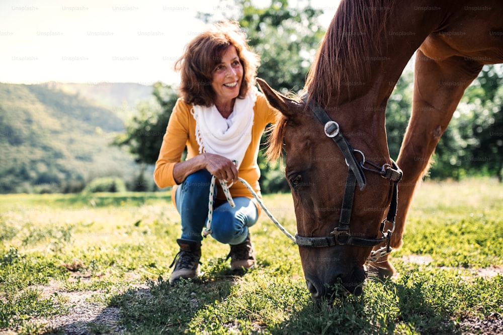 A happy senior woman crouching and a horse grazing by a stable.