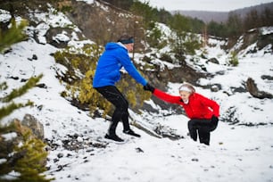 A full length view of senior couple running uphill in snowy winter nature.