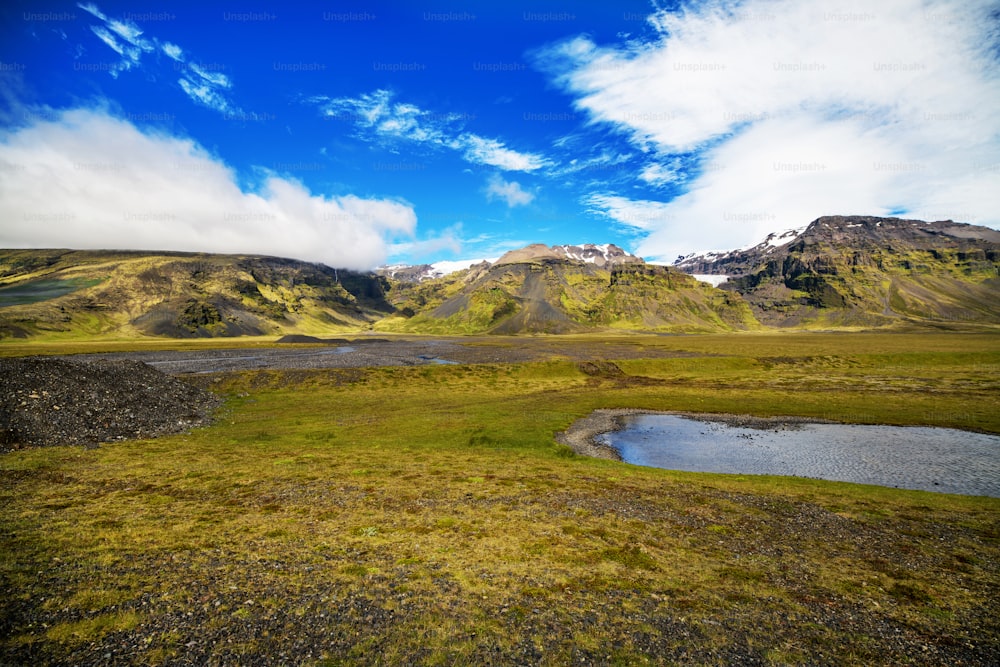 Un bellissimo paesaggio islandese in estate con le colline sullo sfondo.