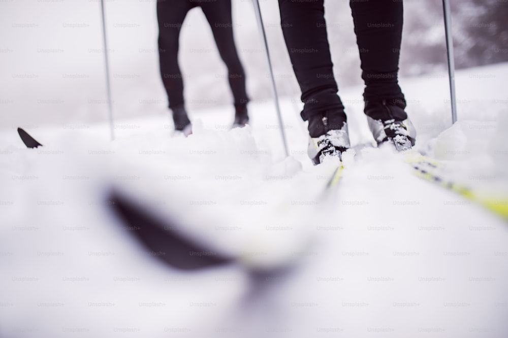 Legs of unrecognizable active couple cross-country skiing. Winter time.