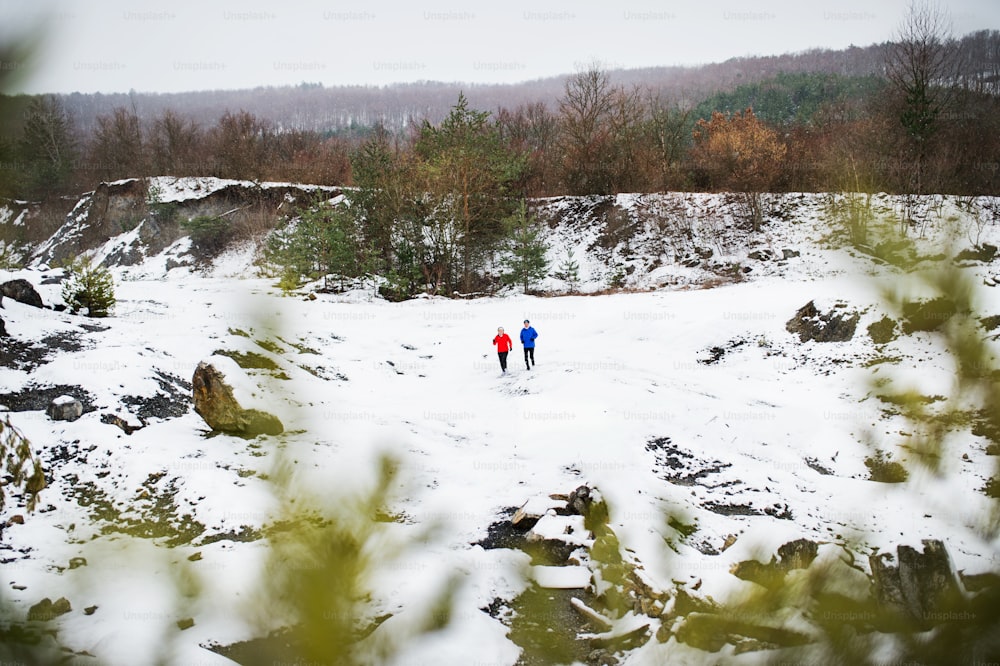 雪の降る冬の自然の中でジョギングする老夫婦の全景。