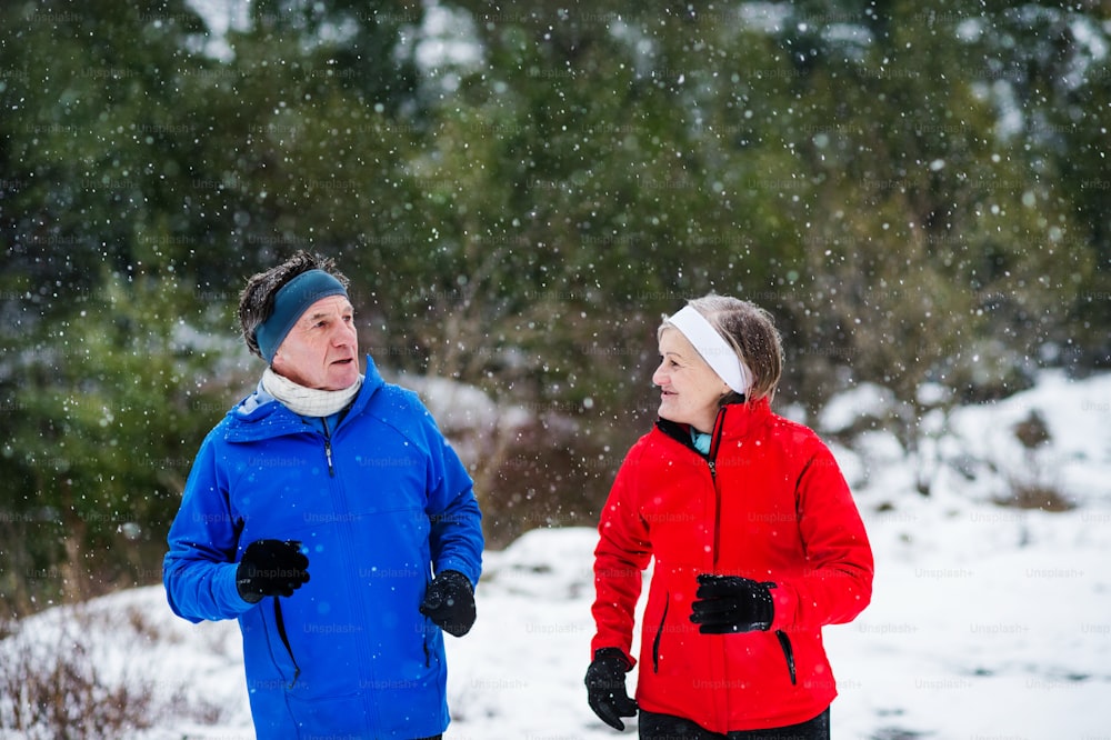 A front view of happy senior couple jogging in snowy winter nature.