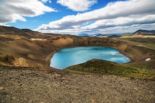Volcano crater with a turquoise lake inside, Iceland landscape.