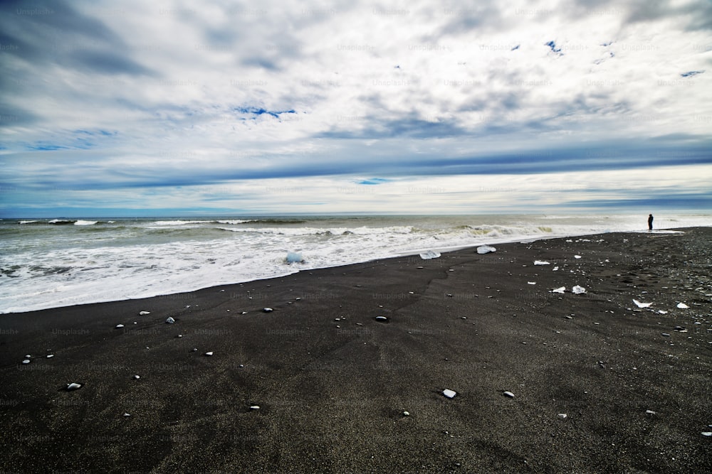 Una spiaggia di sabbia nera e un paesaggio marino in Islanda, Europa.