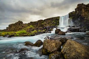 A waterfall in a beautiful Iceland landscape, Europe.