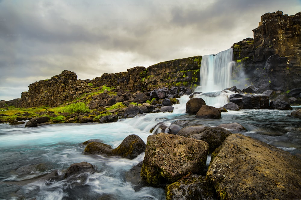 A waterfall in a beautiful Iceland landscape, Europe.