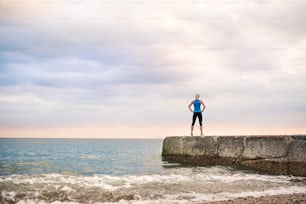 Vista posteriore di giovane donna sportiva in piedi su un molo in riva all'oceano. Copia spazio.