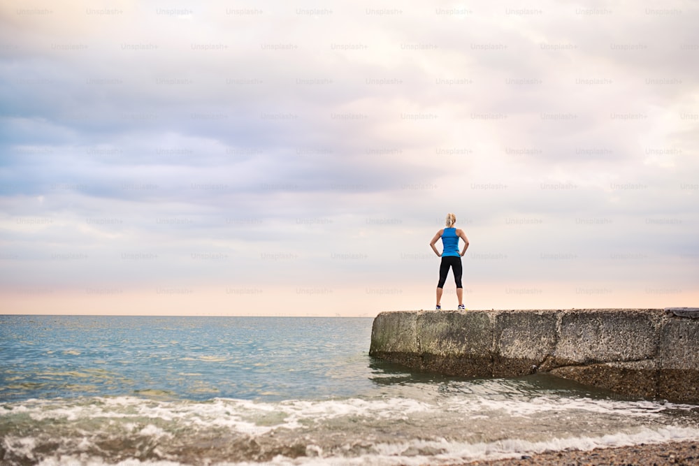 Vue arrière d’une jeune femme sportive debout sur une jetée au bord de l’océan à l’extérieur. Espace de copie.