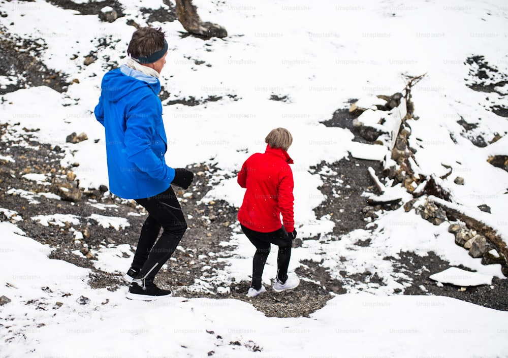 雪に覆われた冬の自然の中、下り坂を駆け下りる老夫婦の全景。