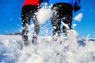 Rear view of legs of senior couple jogging in snowy winter nature.