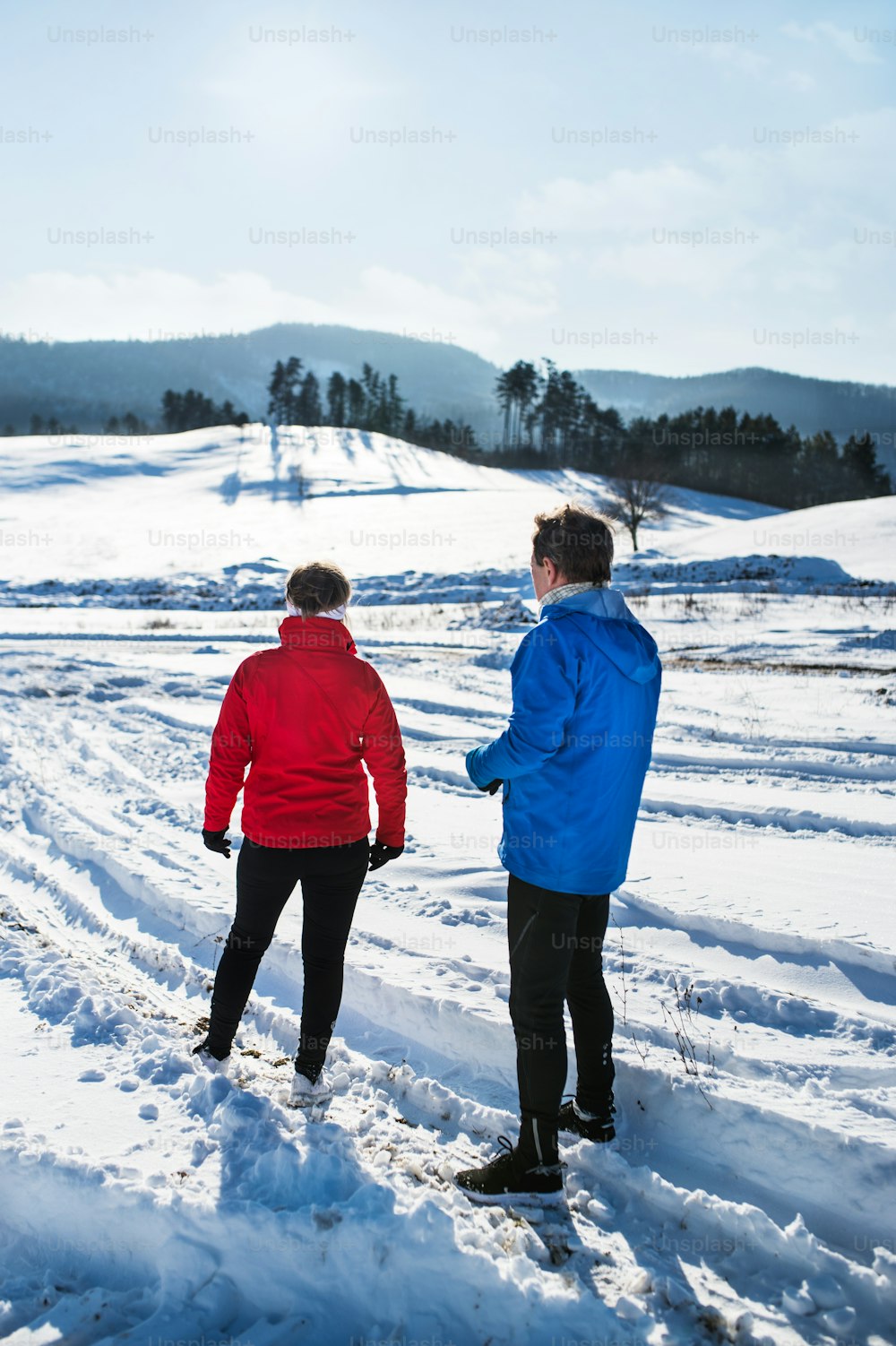 Une vue arrière d’un couple de coureurs âgés debout dans la nature hivernale enneigée, se reposant.