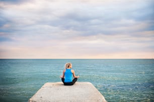 Rückansicht einer jungen, sportlichen Frau, die auf einem Pier sitzt und draußen am Meer Yoga-Übungen macht. Speicherplatz kopieren.