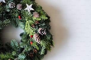 Christmas wreath on a white background. Flat lay. Copy space.