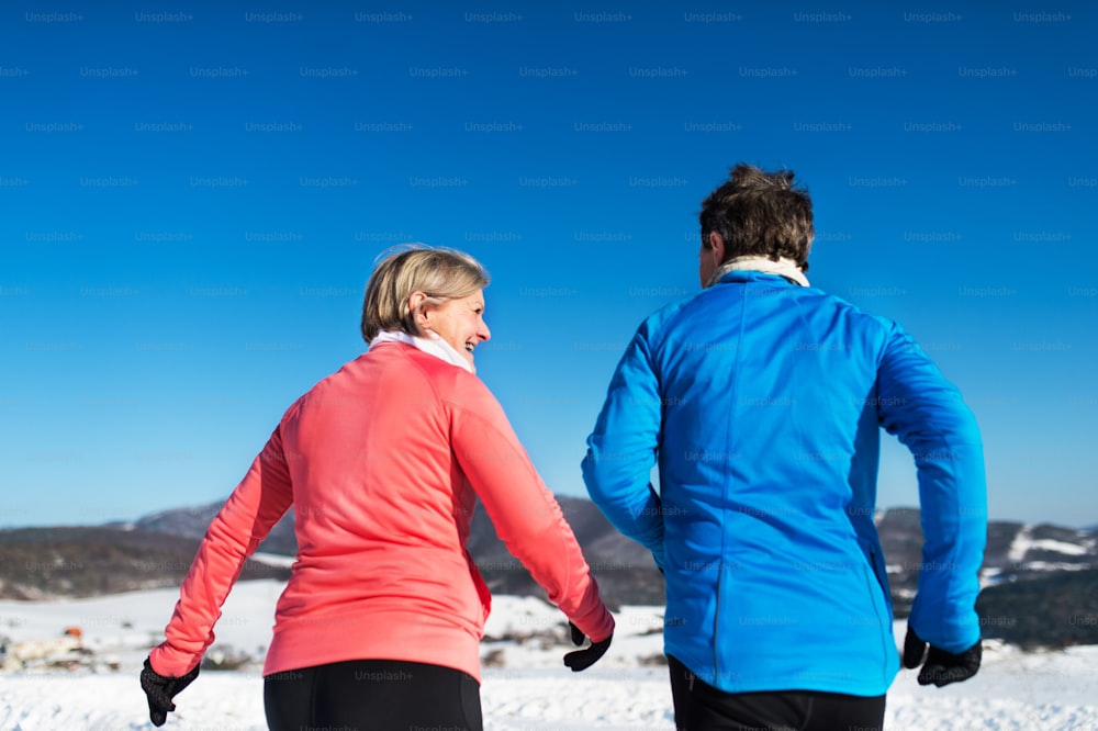 Rear view of senior couple jogging in snowy winter nature.