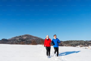 Active happy senior couple jogging in snowy winter nature.