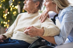 Donna anziana irriconoscibile in sedia a rotelle con un operatore sanitario a casa nel periodo natalizio, guardando fuori da una finestra.