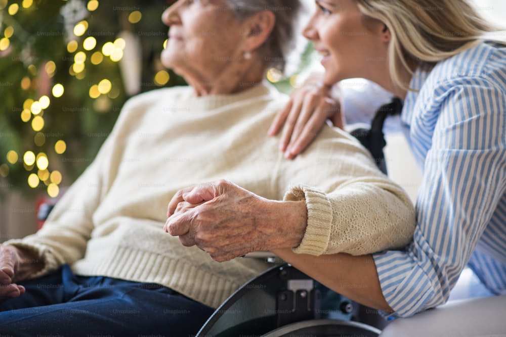 Mujer mayor irreconocible en silla de ruedas con un visitador de salud en casa en Navidad, mirando por una ventana.