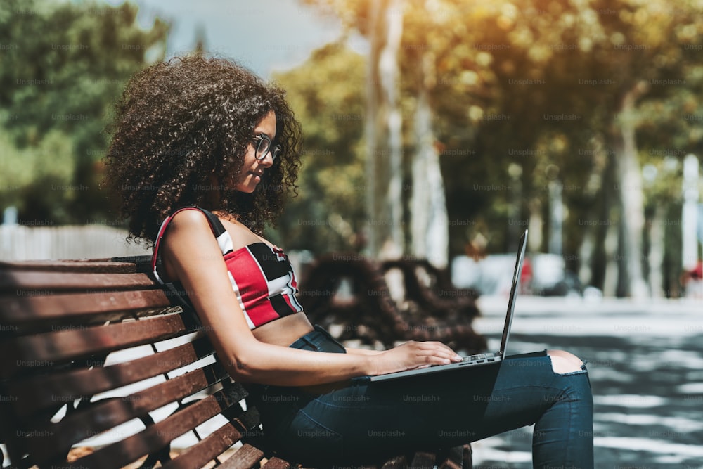A concentrated young female student in eyeglasses and with gorgeous curly hair is making homework using the laptop while sitting alone on the wooden street bench; freelancer girl with netbook outdoors