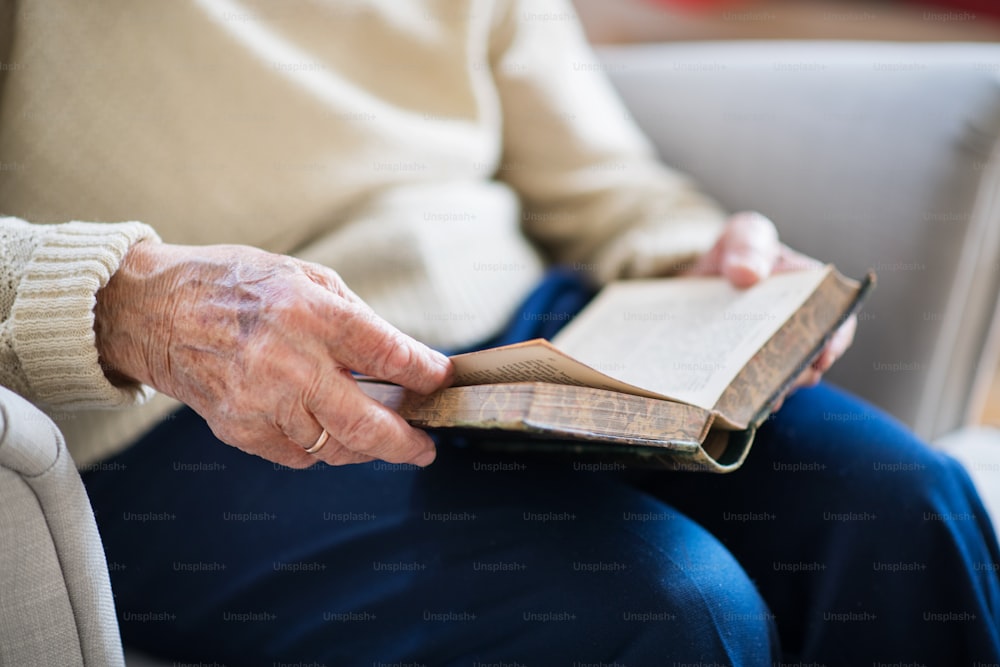 Uma idosa irreconhecível sentada em uma poltrona em casa na época do Natal, lendo a Bíblia.