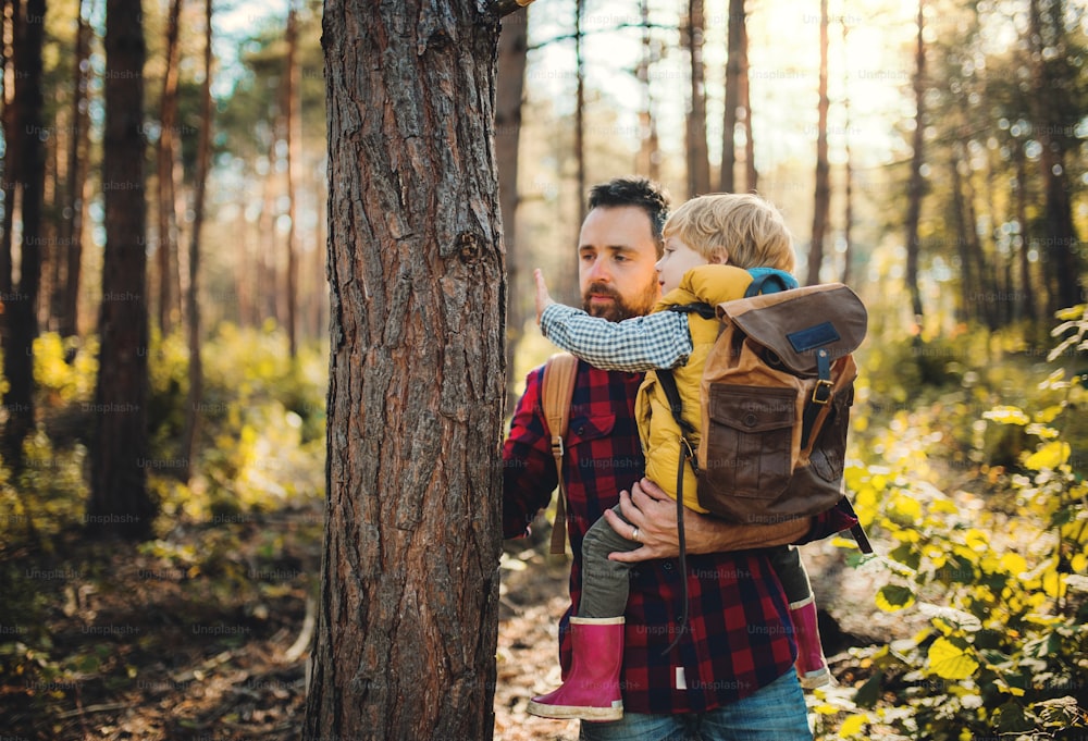 秋の森でよちよち歩きの息子を抱き、木のそばに立って話す成熟した父親。