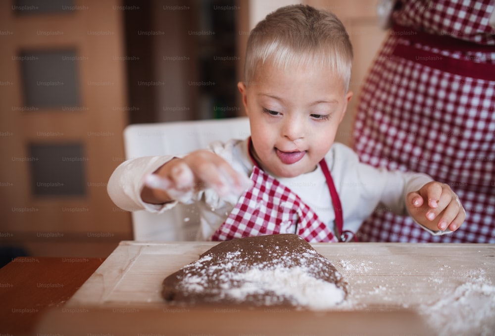 障害のあるダウン症の子供と、チェックのエプロンを付けた見分けのつかない母親が、室内でキッチンでパンを焼いている。