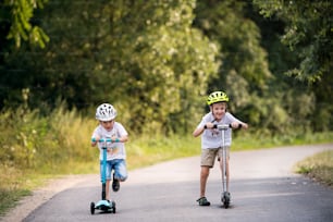 Two cheerful small boys with a helmet riding scooters on a road in park on a summer day.