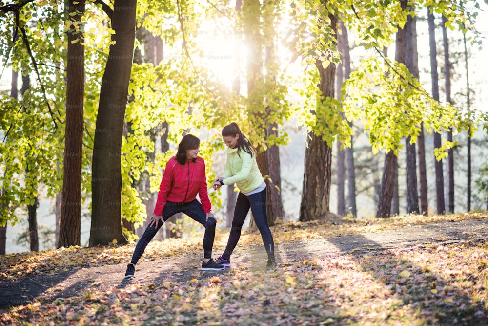 Two female runners with smartwatch standing on a road outdoors in forest in autumn nature, measuring or checking the time.