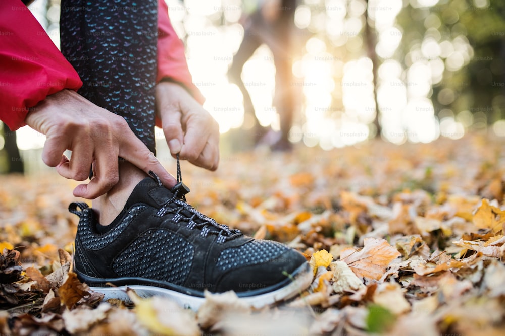 A midsection view of hands of female runner outdoors in autumn nature, tying shoelaces.