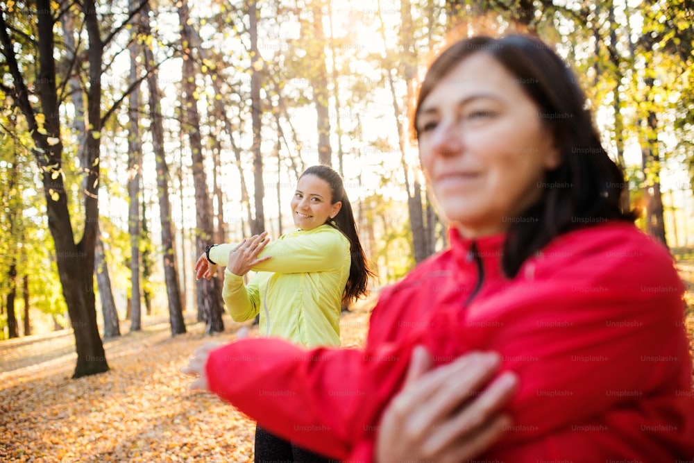 달리기 후 가을 자연 속에서 숲에서 야외에서 스트레칭을 하는 두 명의 활동적인 여성 주자.