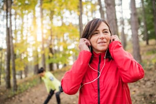 ランニング後、秋の自然の中、森の中で屋外でストレッチをするアクティブな女性ランナー2人。