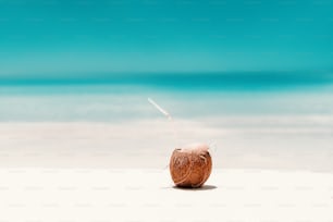Picture of cocktail in coconut on the beach. In background ocean.